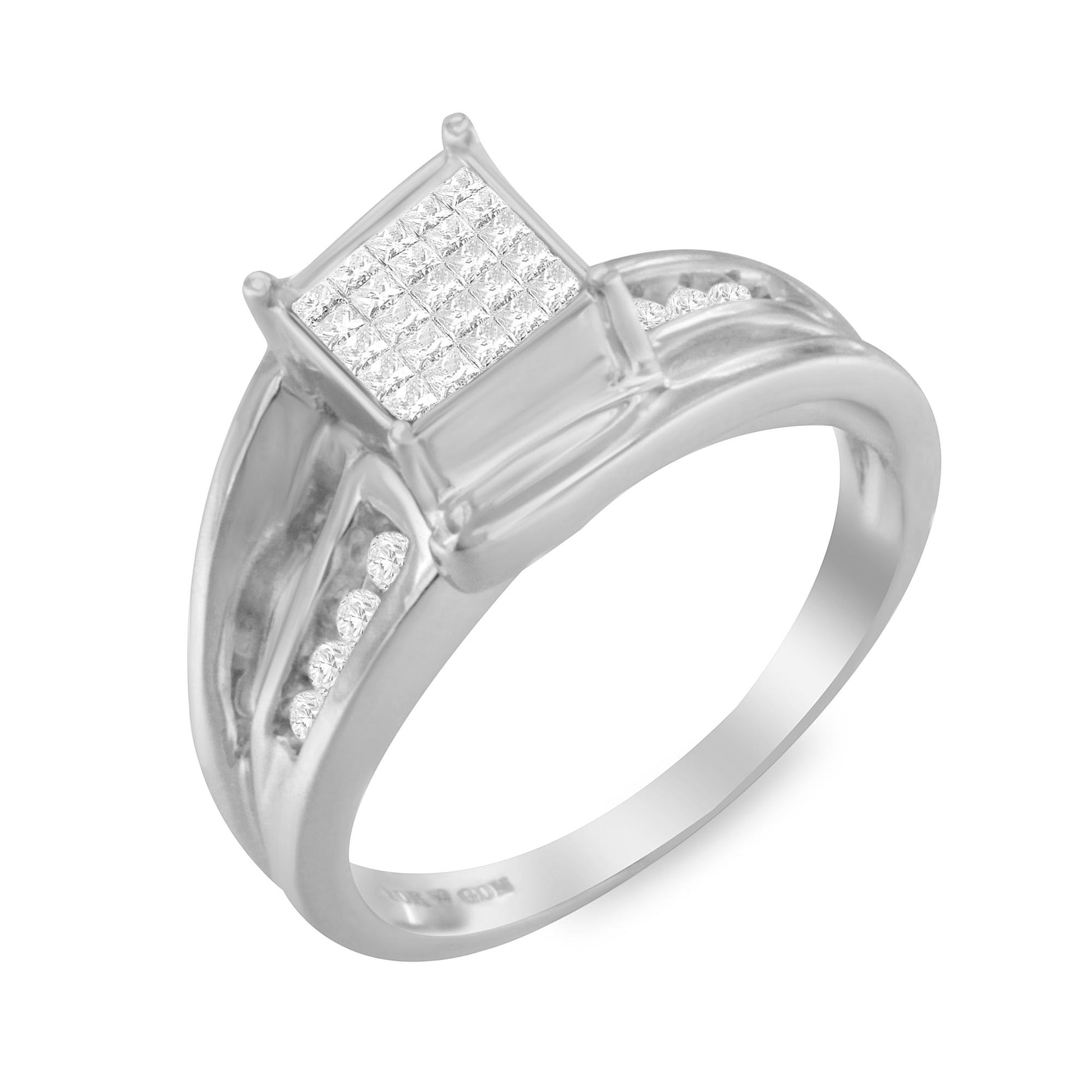 White metal ring with a square cluster of princess-cut white gemstones in invisible setting on top and round white gemstones in channel setting along the band, angled top-down view.