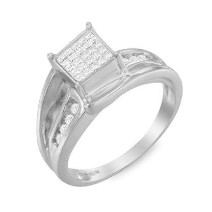 White metal ring with a square cluster of princess-cut white gemstones in invisible setting on top and round white gemstones in channel setting along the band, angled top-down view.