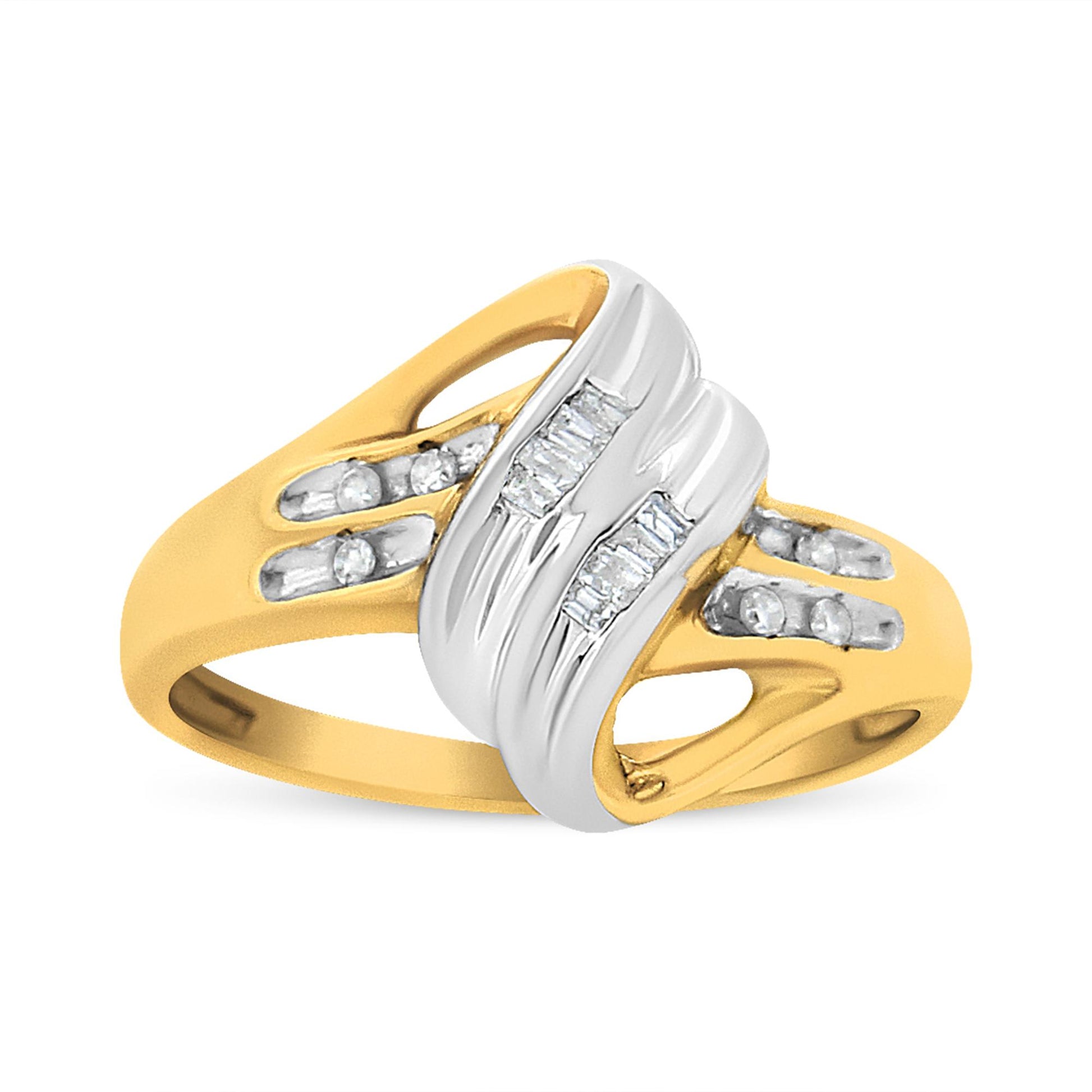 Two-toned ring with a combination of smooth and open band design, featuring channel-set white round and baguette gemstones, shown at an angled side view.