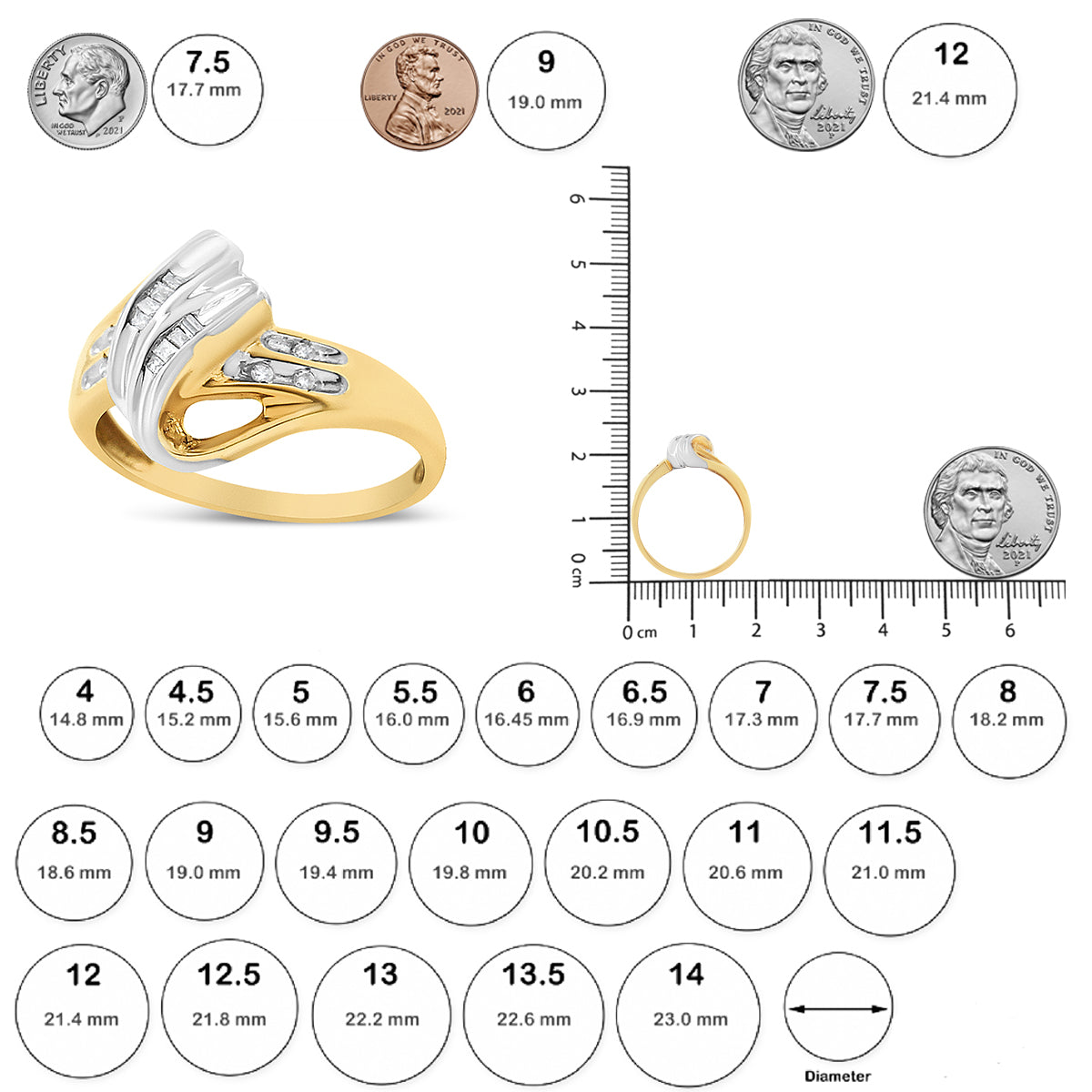 Two-toned ring with channel-set round and baguette white gemstones, shown from front angle and side angle on a size reference ruler.