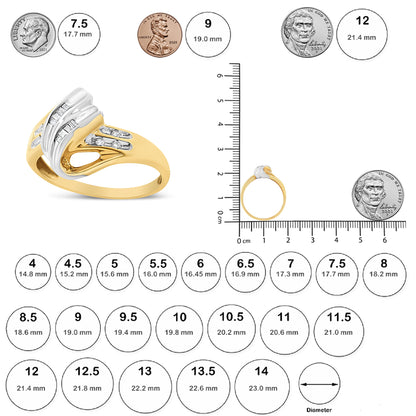 Two-toned ring with channel-set round and baguette white gemstones, shown from front angle and side angle on a size reference ruler.