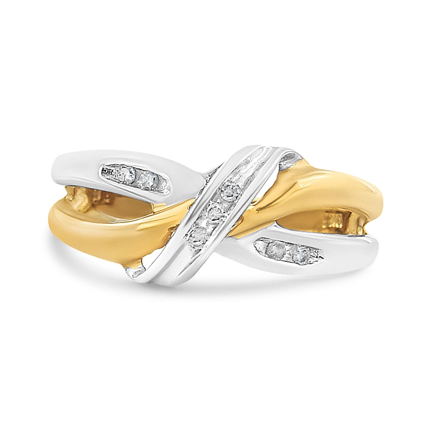 Two-toned ring with an intertwined design featuring white and yellow metal tones, adorned with round white gemstones in channel settings, shown from a front angle.