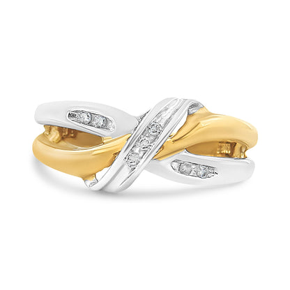 Two-toned ring with an intertwined design featuring white and yellow metal tones, adorned with round white gemstones in channel settings, shown from a front angle.