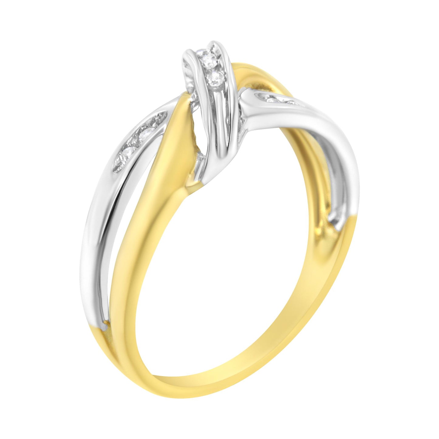 Two-toned ring with an intertwined design featuring channel-set round white gemstones, shown at an angle.