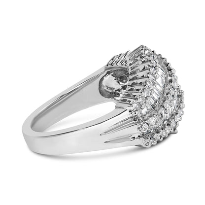 White metal ring with a raised cluster design featuring white round gemstones in prong settings surrounding white baguette gemstones in channel settings, shown at a side angle.