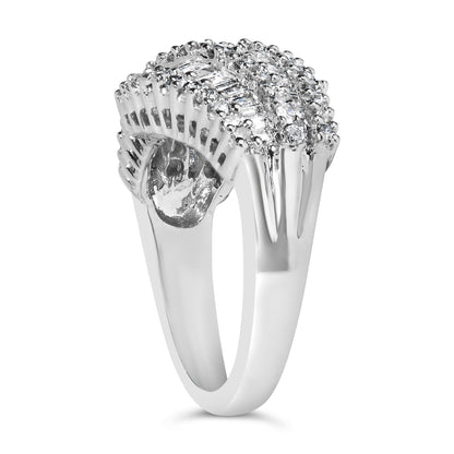 White metal ring with a curved design featuring two rows of round white gemstones in prong settings flanking a central row of baguette white gemstones in a channel setting, shown from a side angle.