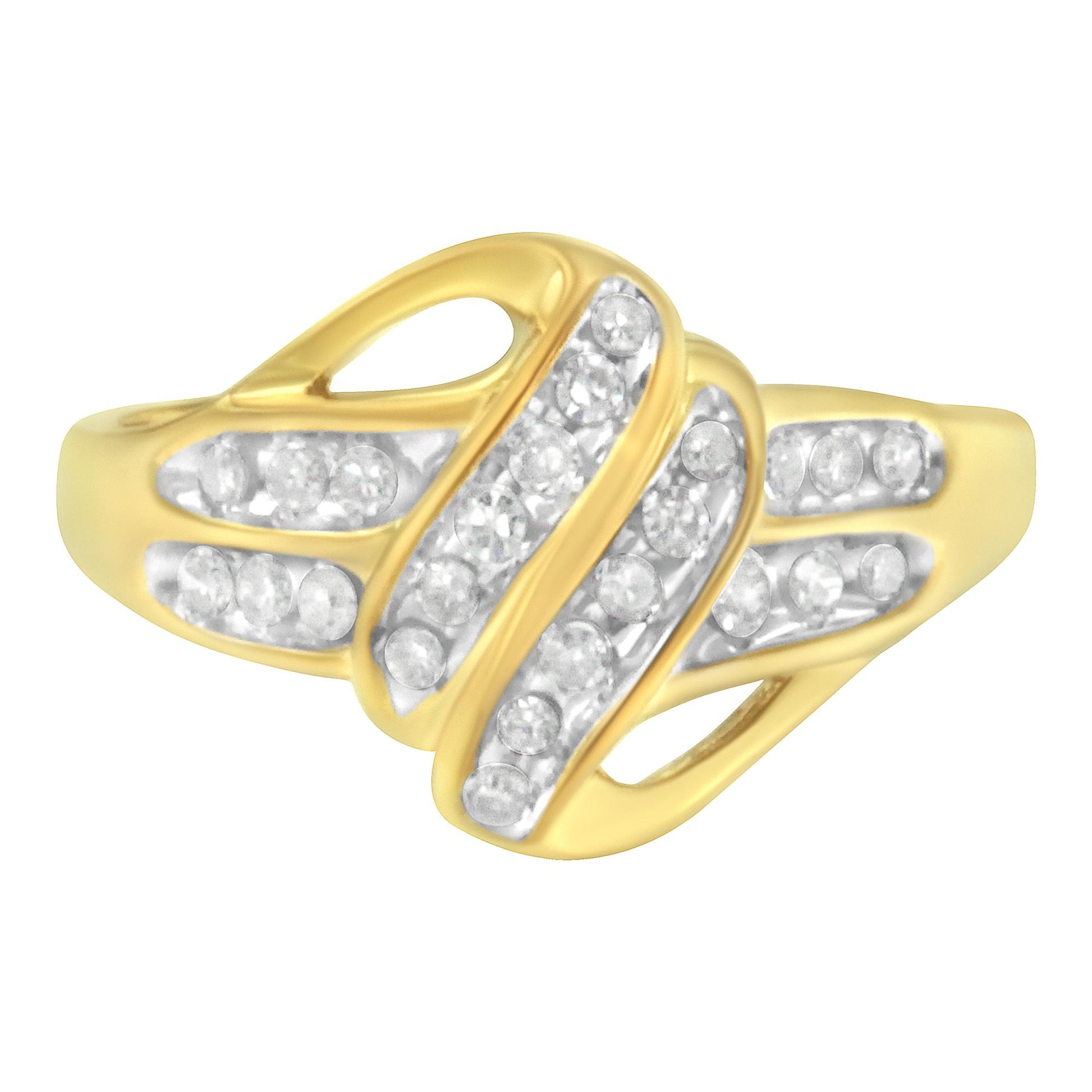 Yellow ring with a swirling design featuring multiple rows of round white gemstones in a channel setting, shown in a front angle view.