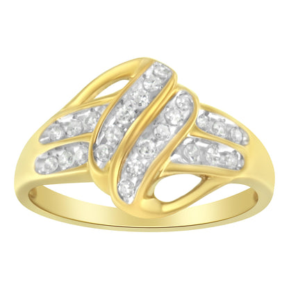 Front angled view of a yellow metal ring with multiple rows of round white gemstones in a channel setting.