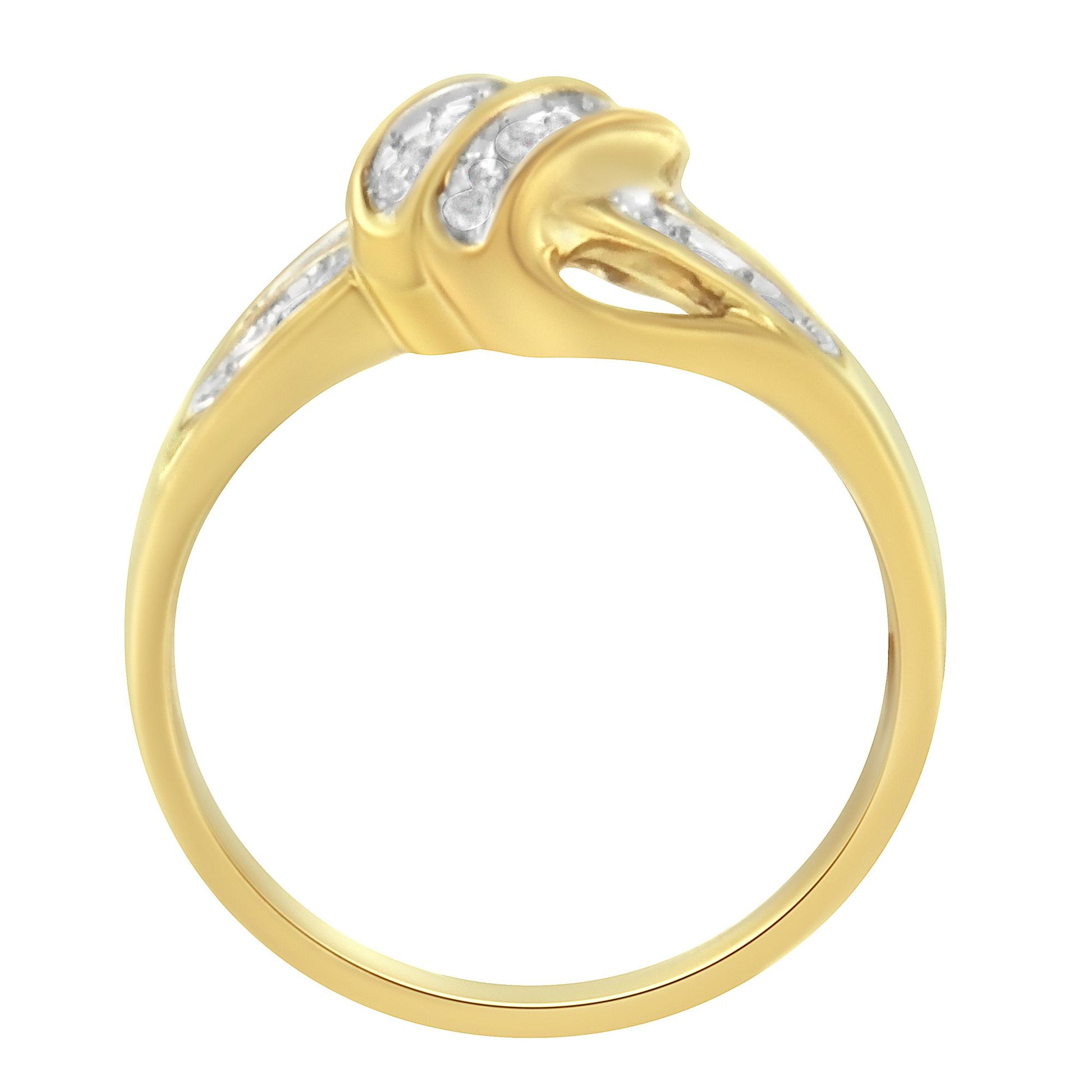 Yellow metal ring with channel-set white round gemstones, side view.