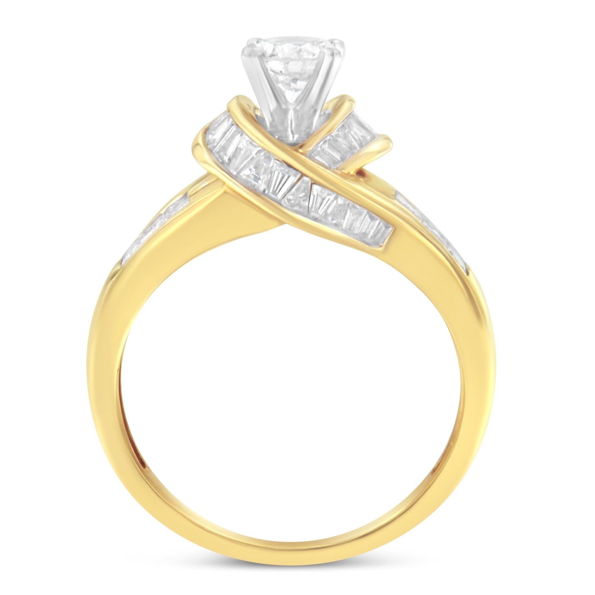 Front angle view of a yellow and white metal ring featuring a central white gemstone in prong setting, surrounded by channel-set white baguette and princess shaped gemstones crossing over the band.