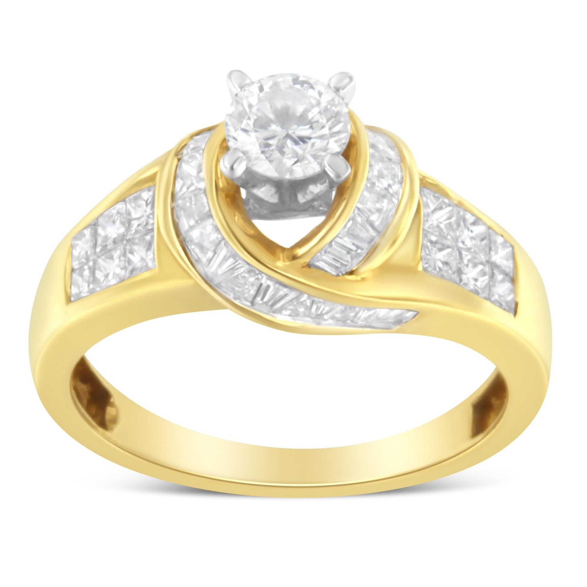 Front-facing view of a two-tone ring featuring a round white gemstone in a prong setting at the center, surrounded by channel-set baguette and princess-shaped white gemstones on the band.