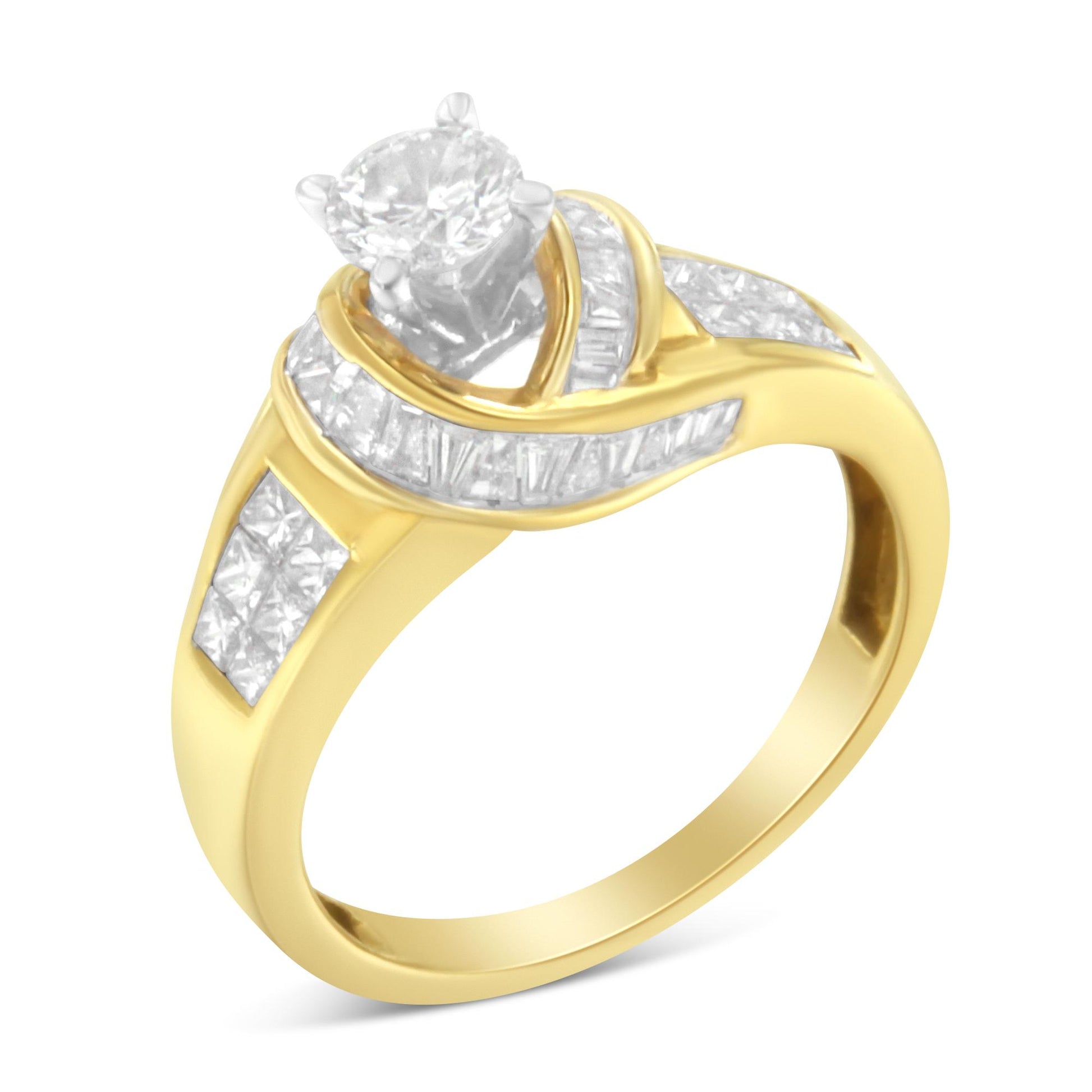 Close-up angled view of a yellow and white metal ring featuring a round white gemstone in a prong setting at the center, surrounded by white baguette and princess-shaped gemstones in channel settings along the band.