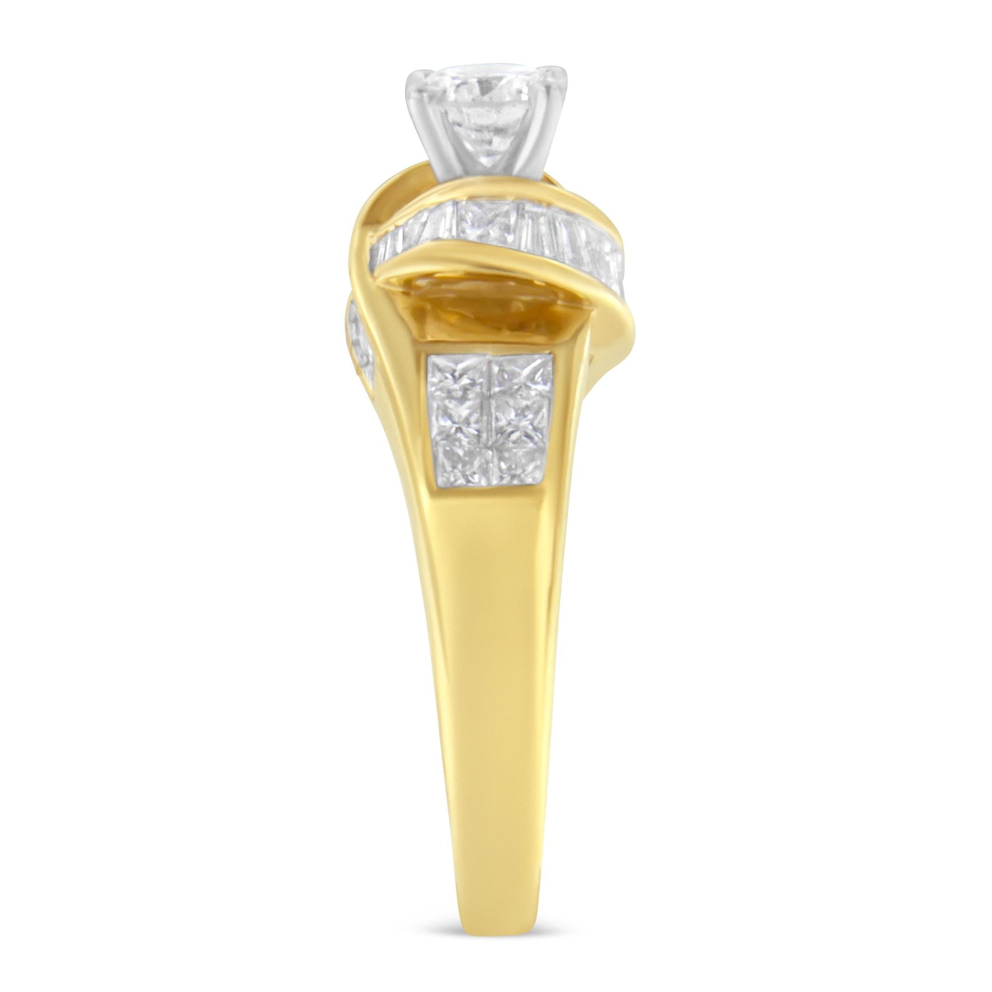 Side view of a yellow and white metal ring featuring a single round white gemstone in prong setting on top, with white baguette and princess-shaped gemstones in channel settings along the band.