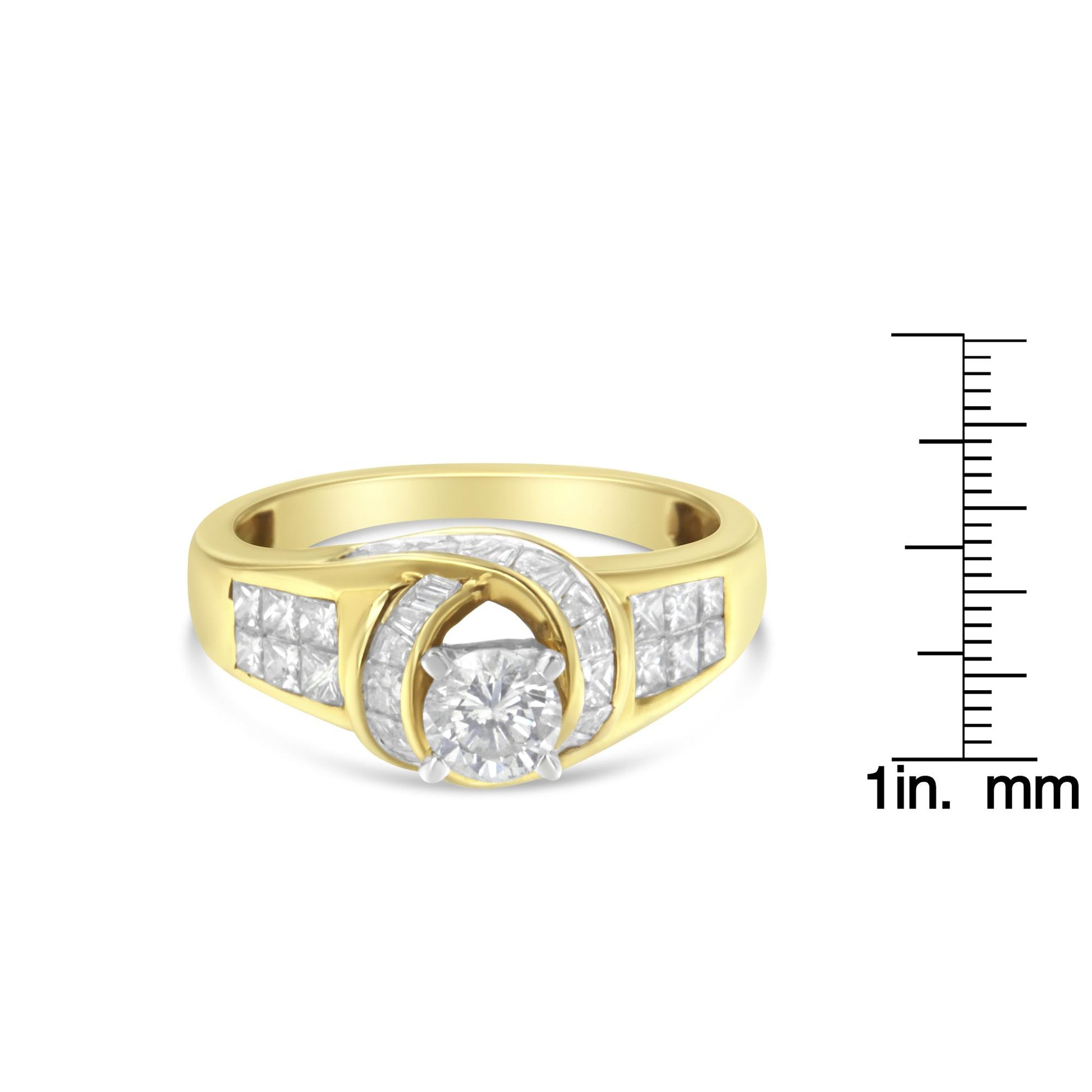 Front angle view of a yellow and white metal ring with a round white gemstone in a prong setting center, surrounded by channel-set white baguette gemstones, and square white gemstones set on the band, shown with a ruler for size reference.