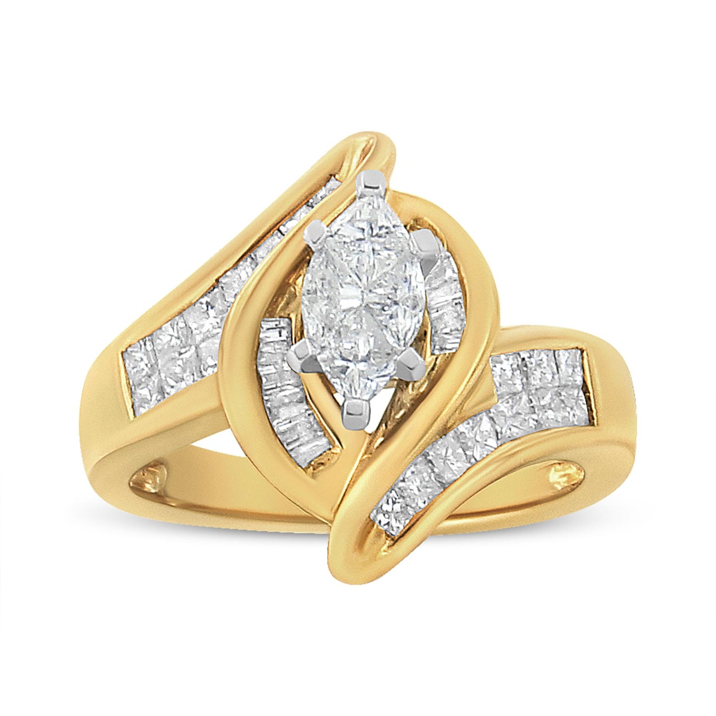 Front angled view of a yellow metal ring featuring a marquise-shaped white gemstone in the center, surrounded by channel-set white gemstones in princess and baguette shapes.