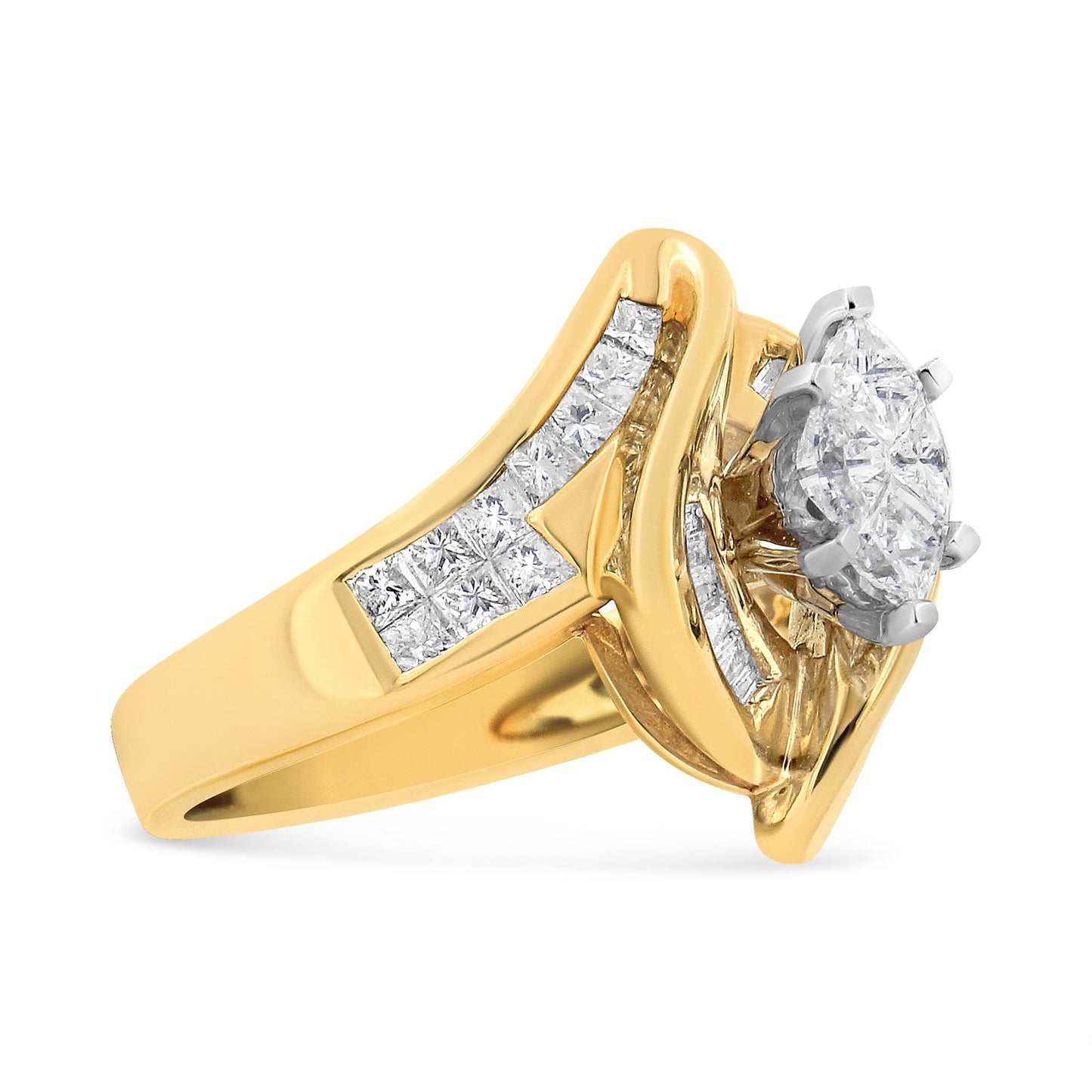 Yellow ring with a marquise-shaped cluster of white gemstones at the center, flanked by channel-set white gemstones in princess and baguette shapes, shown at a slight angle.