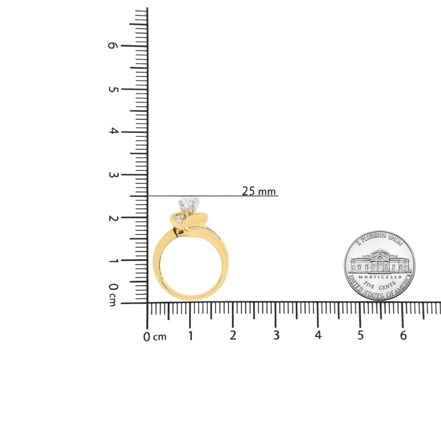 Yellow metal ring with channel-set white gemstones in pie, princess, and baguette shapes, shown from the side on a ruler for size reference.