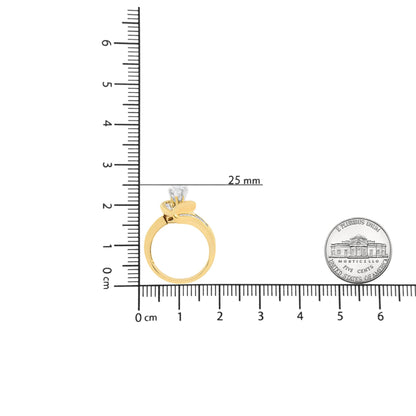 Yellow metal ring with channel-set white gemstones in pie, princess, and baguette shapes, shown from the side on a ruler for size reference.