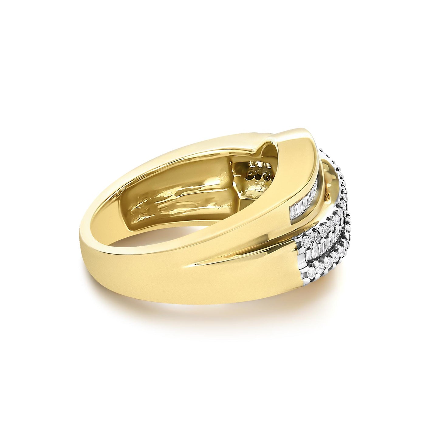 Close-up angled view of a yellow metal ring featuring two rows of white gemstones; one row with round gemstones in prong settings and the other with baguette gemstones in channel settings.
