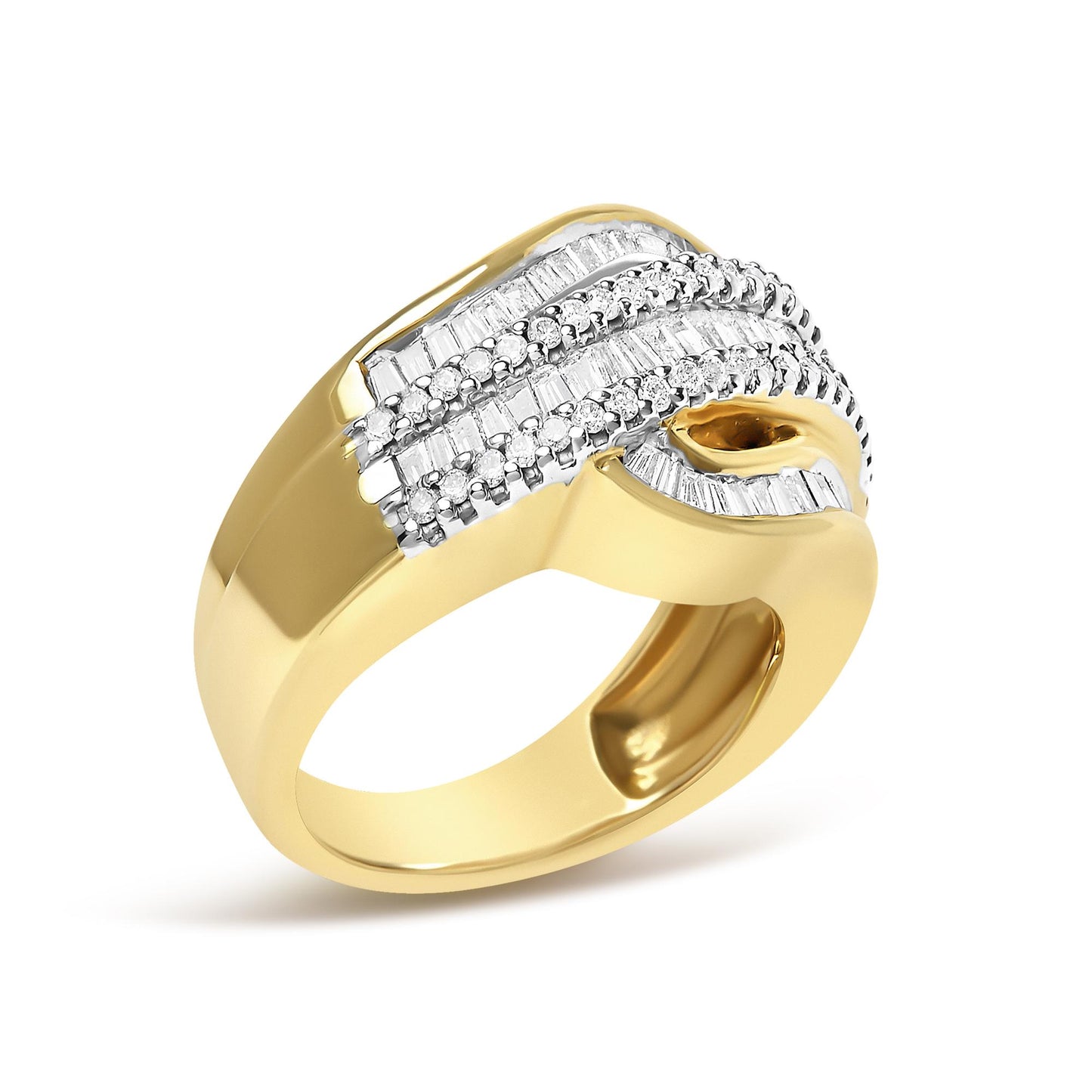 Yellow metal ring with a wide band, featuring rows of round white gemstones in prong settings and baguette-shaped white gemstones in channel settings, shown at an angled close-up view.