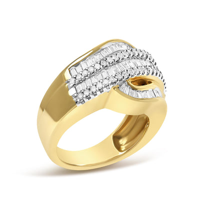 Yellow metal ring with a wide band, featuring rows of round white gemstones in prong settings and baguette-shaped white gemstones in channel settings, shown at an angled close-up view.