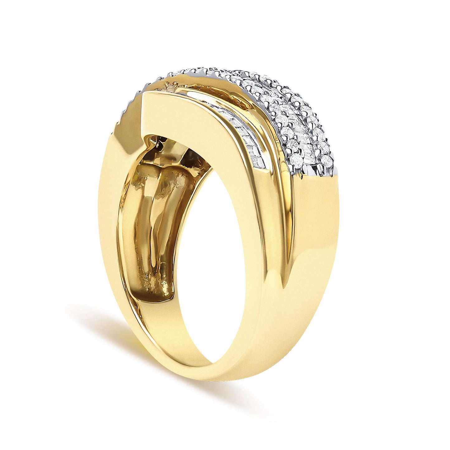 Yellow metal ring shown at a slight angle, featuring rows of white round gemstones in prong settings and white baguette gemstones in channel settings across the top.