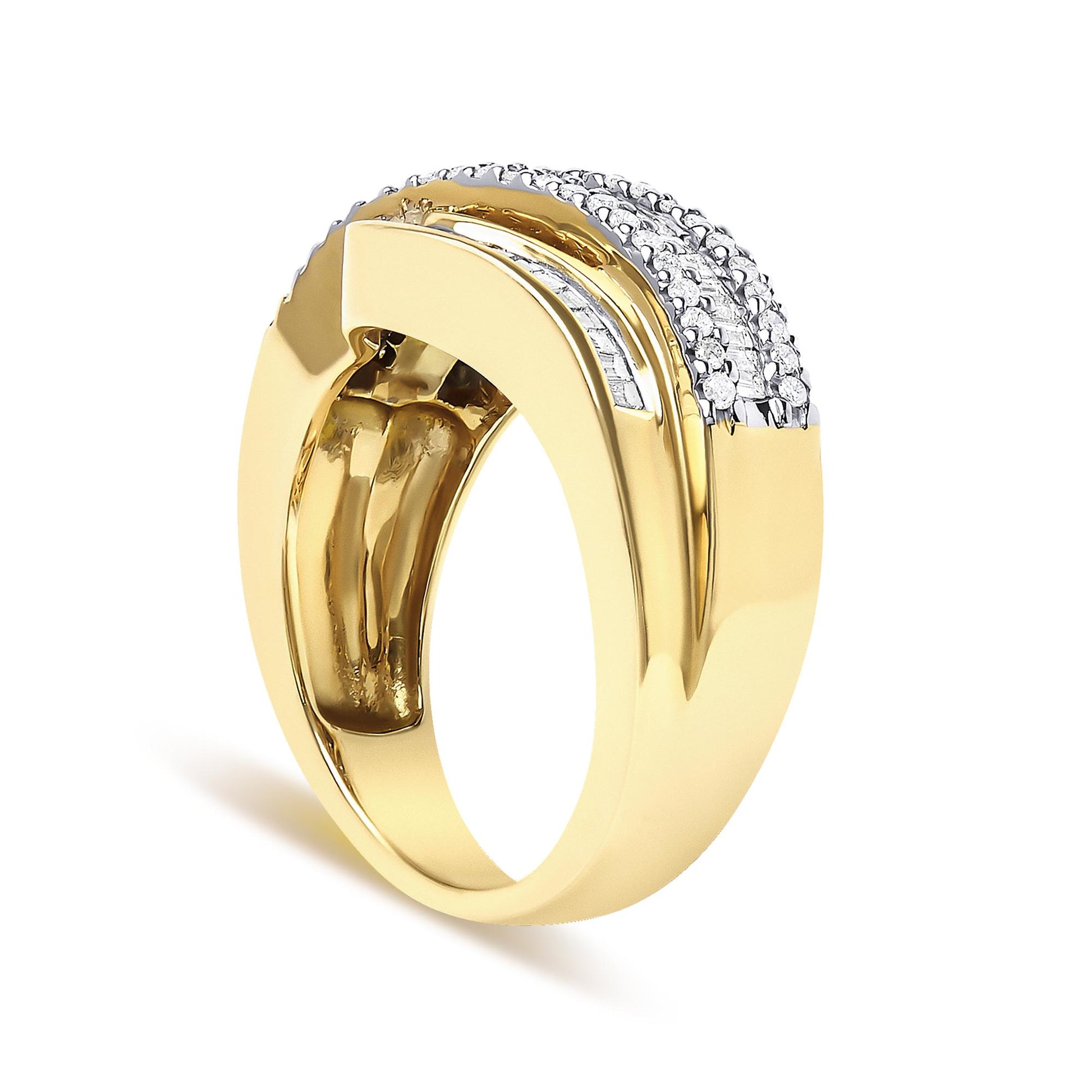 Yellow metal ring shown at a slight angle, featuring rows of white round gemstones in prong settings and white baguette gemstones in channel settings across the top.