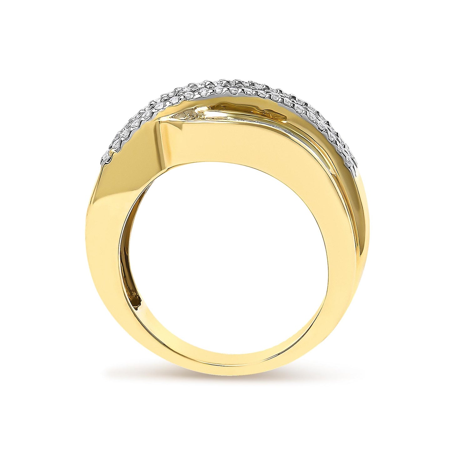 Yellow metal ring shown from the side angle, featuring a curved design with a row of round white gemstones in prong settings alongside a row of baguette white gemstones in channel settings.