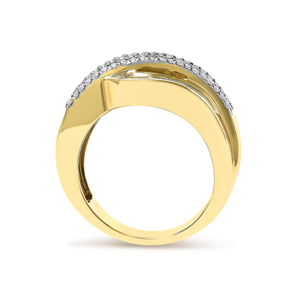Yellow metal ring shown from the side angle, featuring a curved design with a row of round white gemstones in prong settings alongside a row of baguette white gemstones in channel settings.