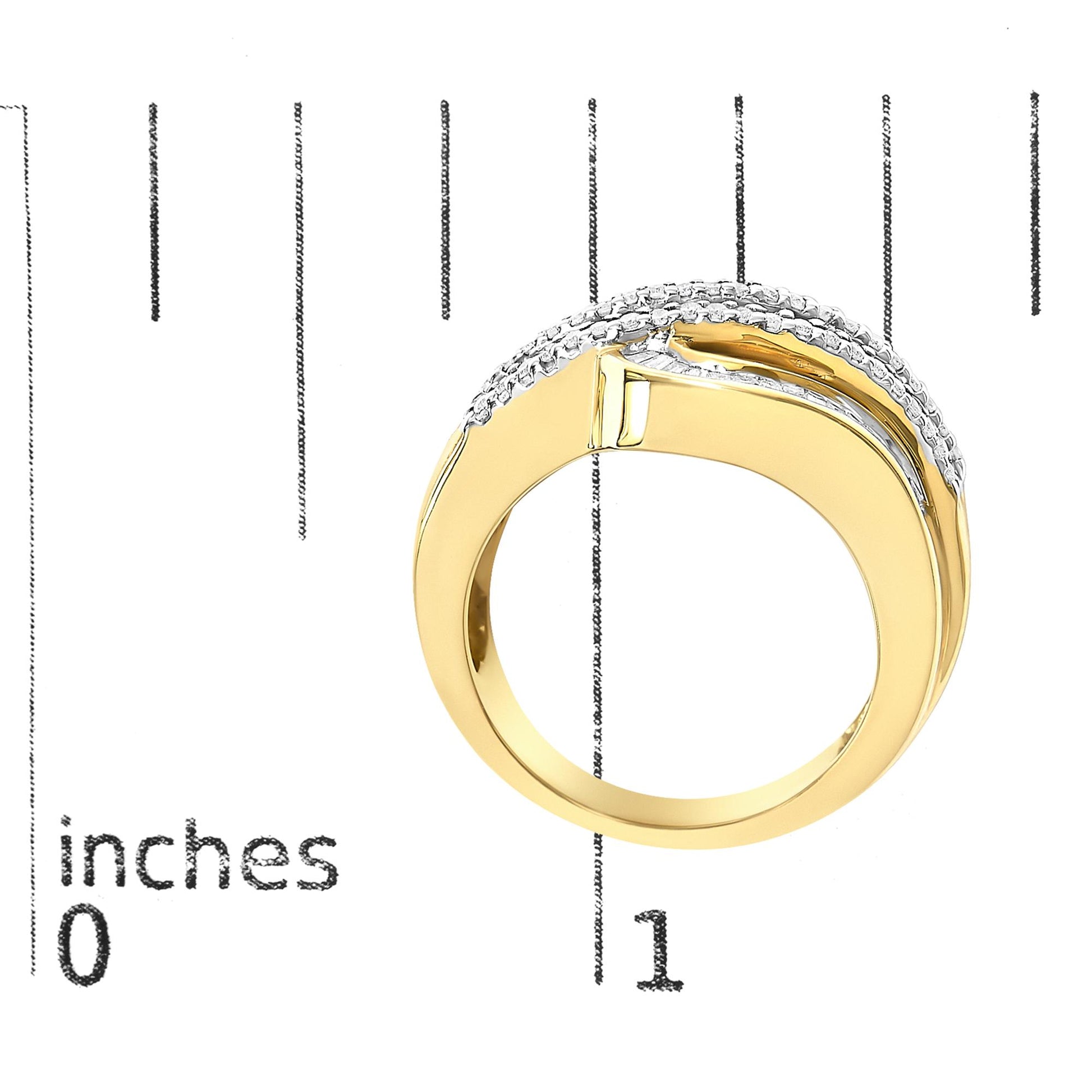 Yellow metal ring with white round gemstones in prong setting and white baguette gemstones in channel setting, shown on a scale from a side angle.