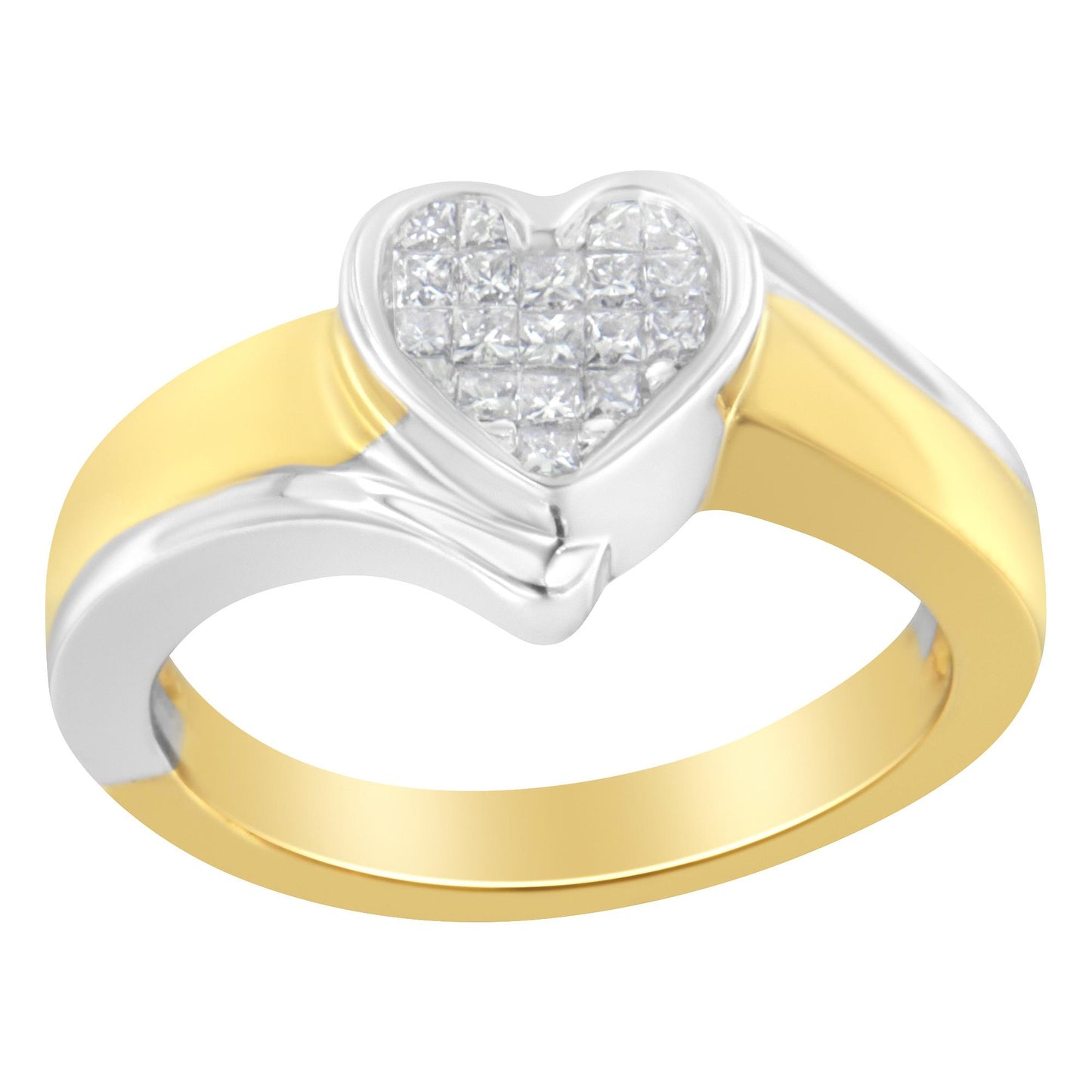 Ring with yellow and white metal band featuring a heart-shaped top set with channel-set white princess-shaped gemstones, shown at a slight angled top-down view.
