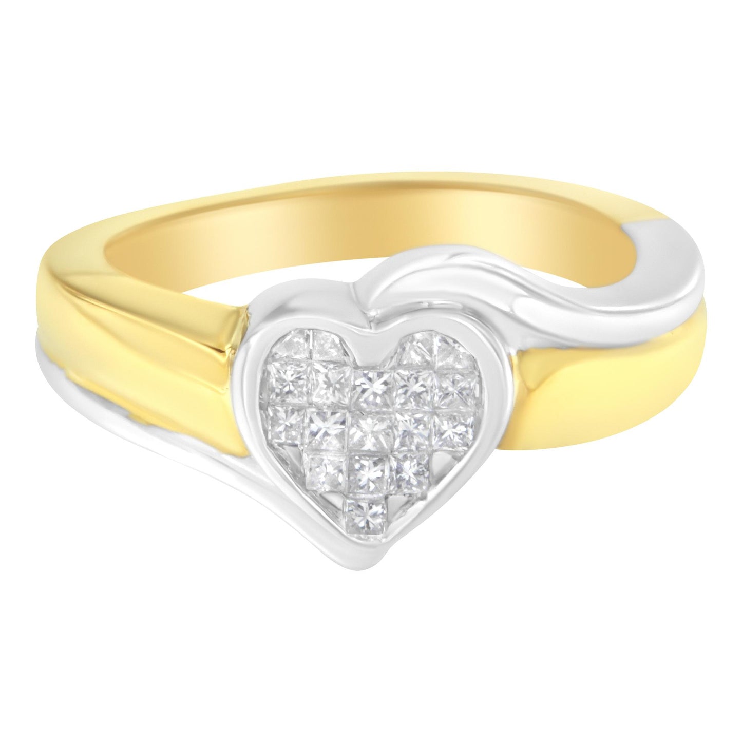 Close-up front angle of a two-tone ring with a heart-shaped cluster of white princess-cut gemstones set in a channel setting.