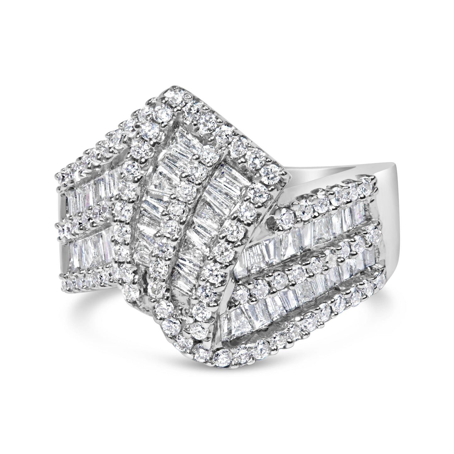 White metal ring with overlapping bands featuring round white gemstones in prong settings and baguette white gemstones in channel settings, shown in a front angled view.
