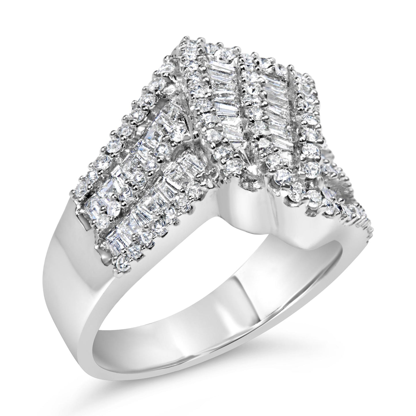 Close-up angled view of a white metal ring featuring multiple rows of round-shaped white gemstones in prong settings and baguette-shaped white gemstones in channel settings.