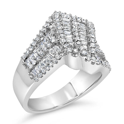 Close-up angled view of a white metal ring featuring multiple rows of round-shaped white gemstones in prong settings and baguette-shaped white gemstones in channel settings.