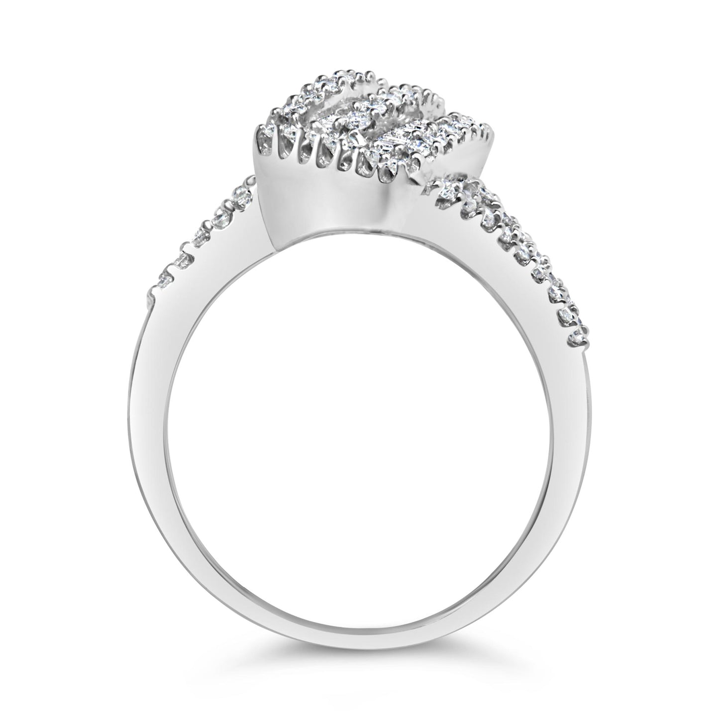 Side view of a white metal ring with a raised cluster of round white gemstones in prong settings and baguette-shaped white gemstones in channel settings along the band.