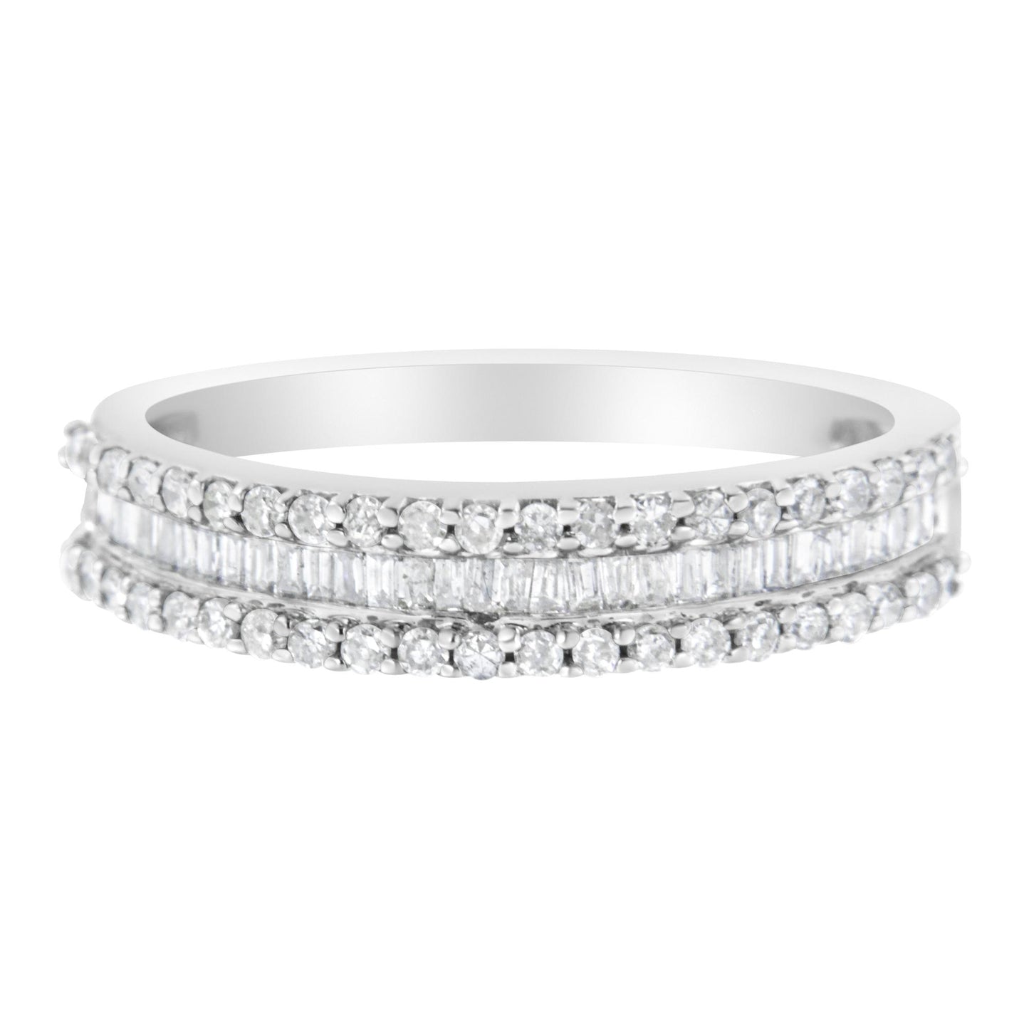 Front view of a white metal ring featuring two rows of round white gemstones in prong settings and one center row of baguette white gemstones in a channel setting.