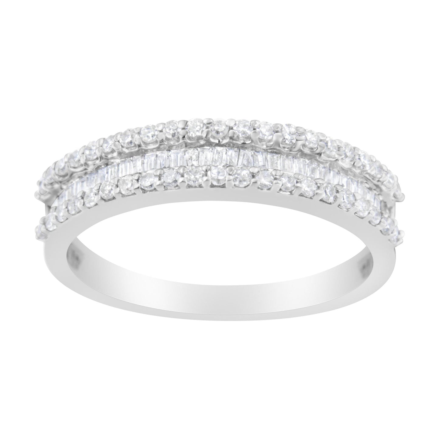 Close-up front angled view of a white ring with two rows of round white gemstones in prong settings and a center row of baguette-shaped white gemstones in channel settings.