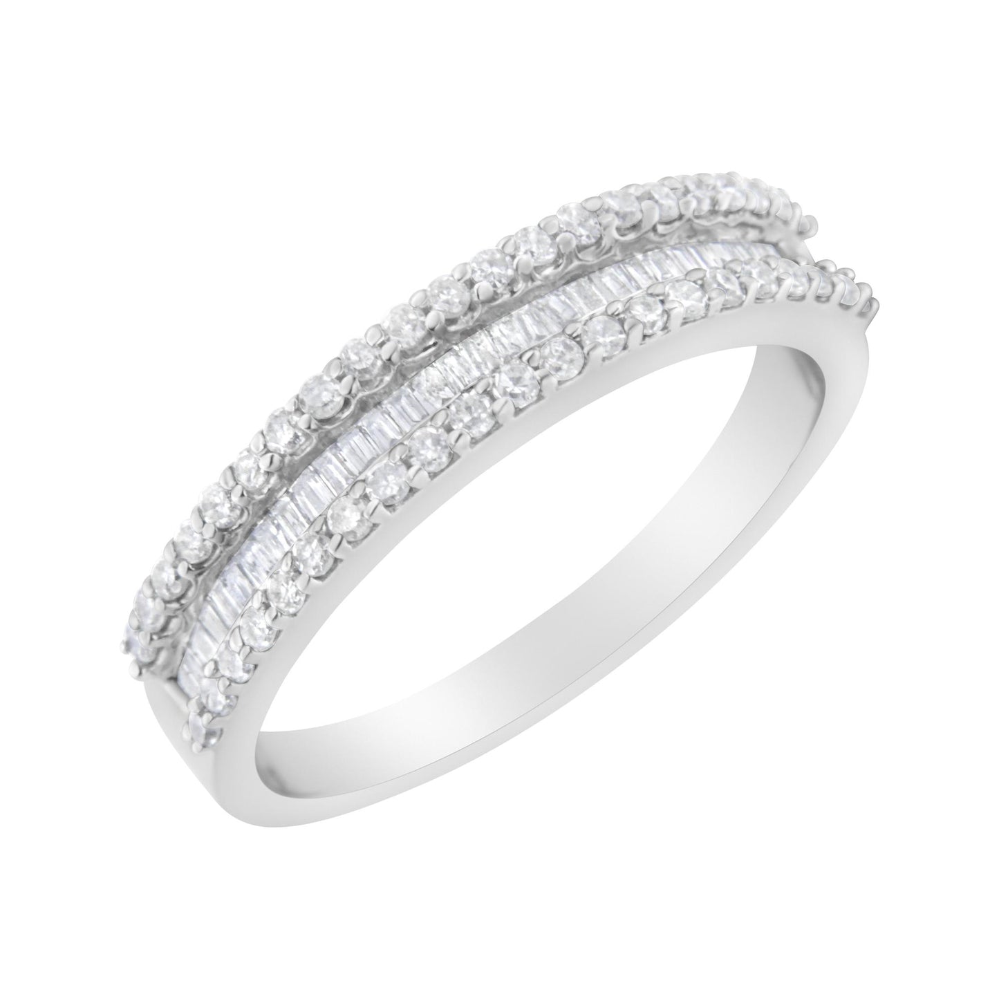 White metal ring with two rows of round white gemstones in prong settings flanking a center row of baguette white gemstones in channel setting, shown at a slight angle.