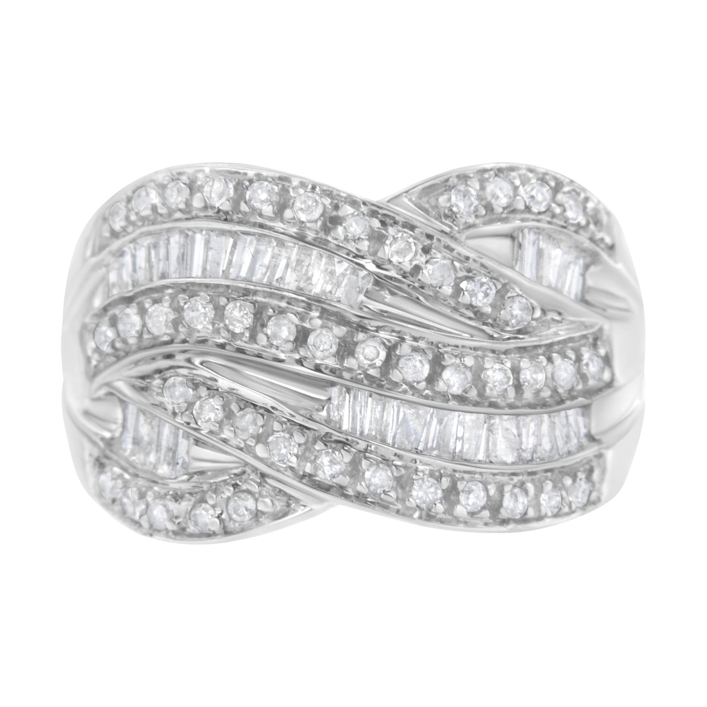 Top front angle of a white metal ring featuring intertwined bands set with round prong-set white gemstones and baguette channel-set white gemstones.