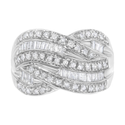 Top front angle of a white metal ring featuring intertwined bands set with round prong-set white gemstones and baguette channel-set white gemstones.
