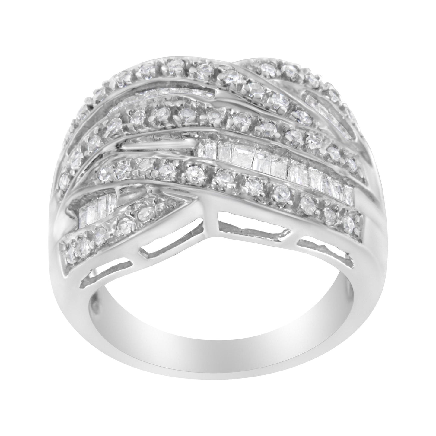 White metal ring with overlapping bands set with round prong-set white gemstones and baguette channel-set white gemstones, shown from a front angle.