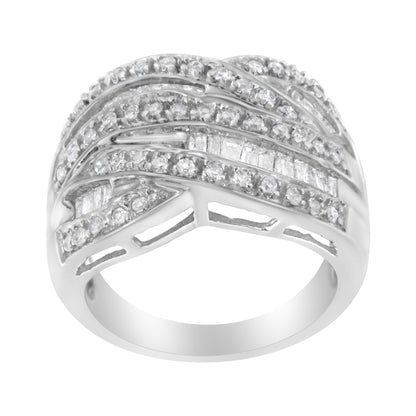 White metal ring with overlapping bands set with round prong-set white gemstones and baguette channel-set white gemstones, shown from a front angle.