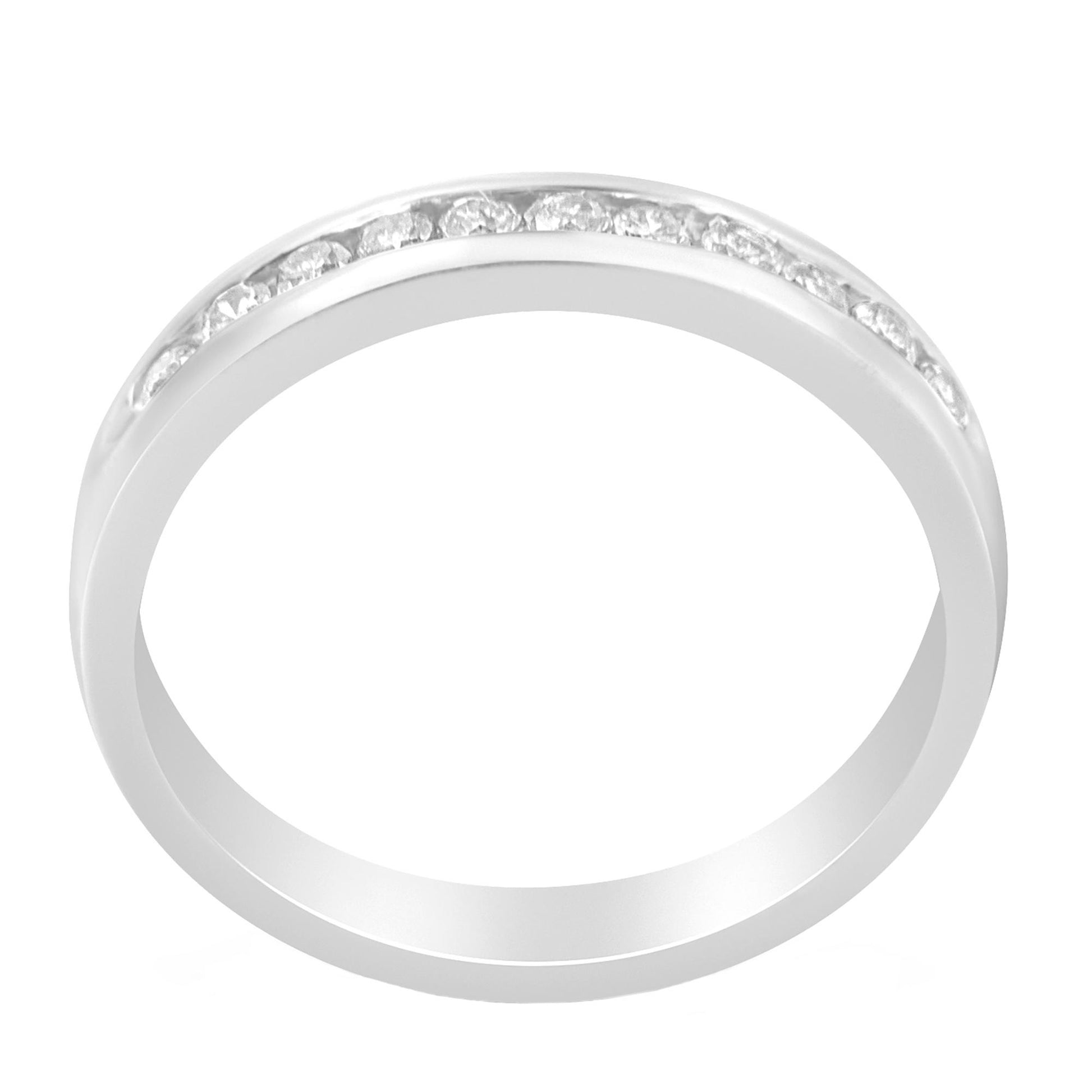 Top-front angled view of white metal ring with channel-set round white gemstones.