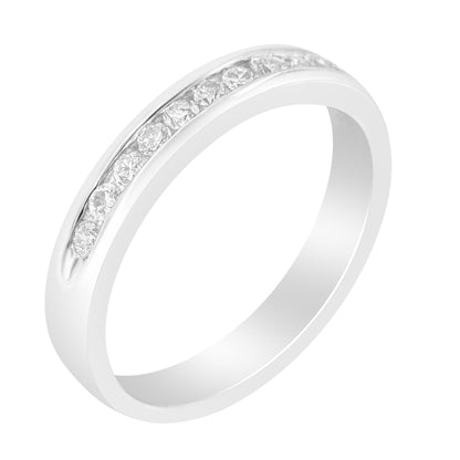 White metal ring with a channel set row of round white gemstones, shown at an angled top-down view.