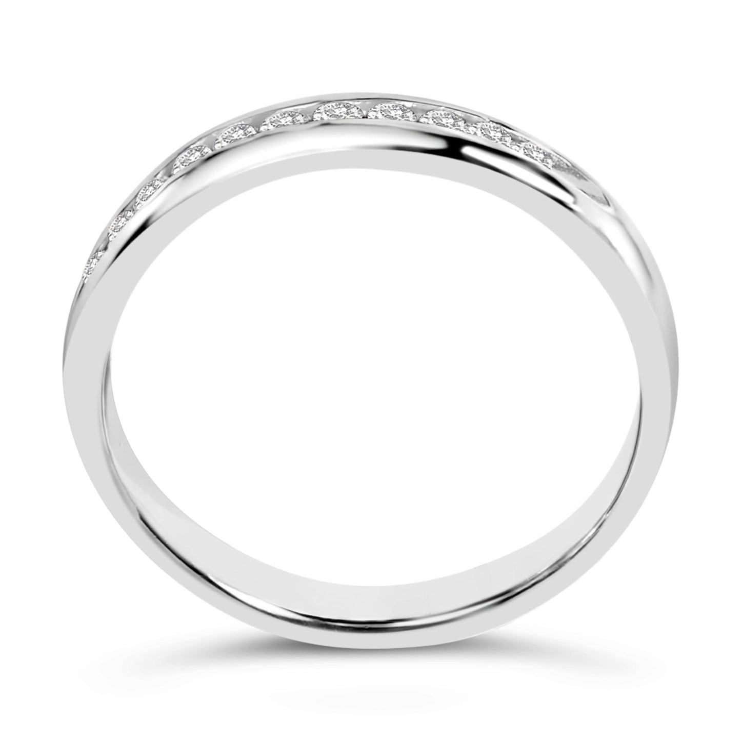 White metal ring with round white gemstones in channel setting along the upper surface, shown from a top angle on a white background.
