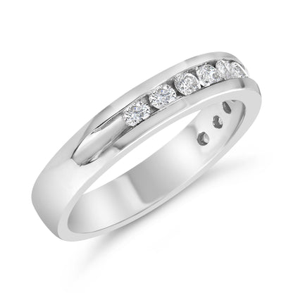 White metal ring with channel set round white gemstones viewed from an angled top perspective.