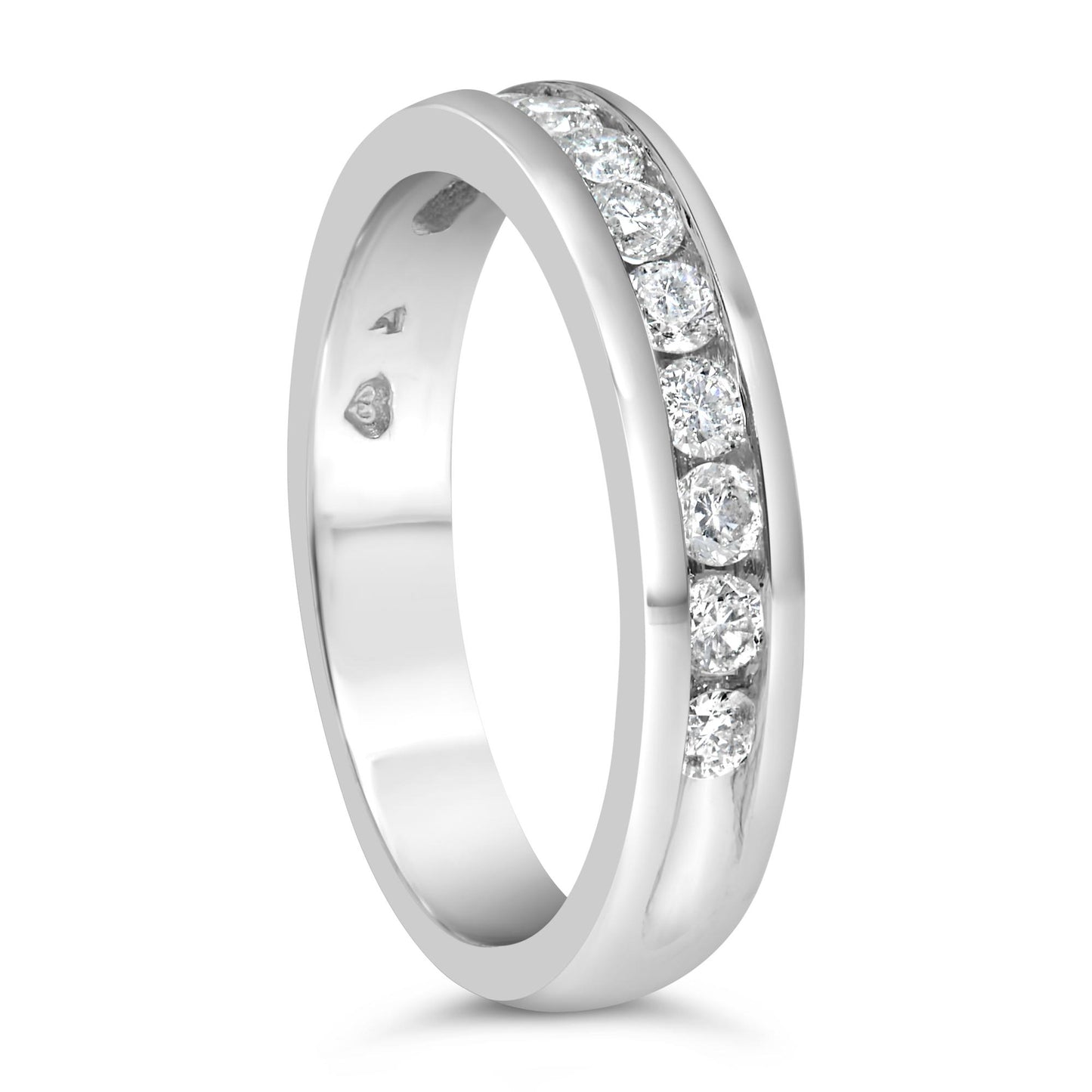 White metal ring with a channel setting of round white gemstones, shown at a slight angle.