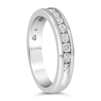 White metal ring with a channel setting of round white gemstones, shown at a slight angle.