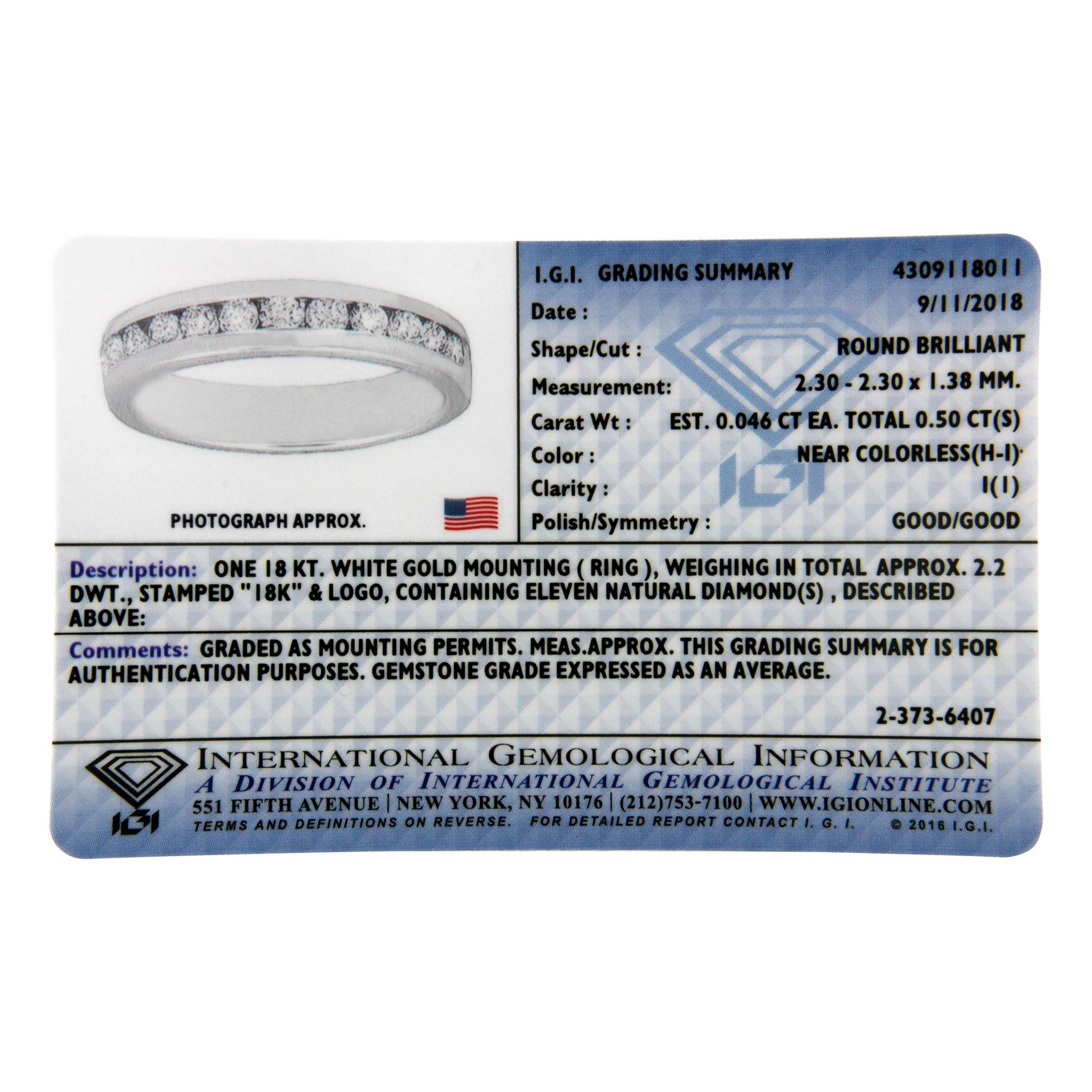 White metal ring with a channel setting of round white gemstones, shown in a front angled view on a grading card.